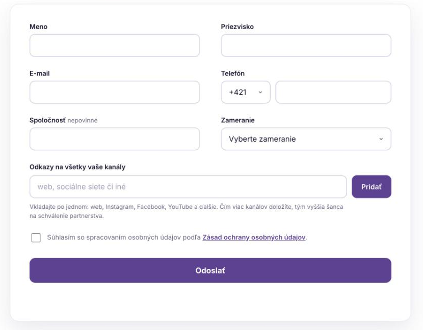 Registračný formulár pre affiliate partnerov